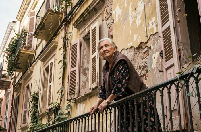 Femme âgée sicilienne penchée depuis un balcon en fer forgé d'un vieux palazzo délabré au cœur de Palerme
