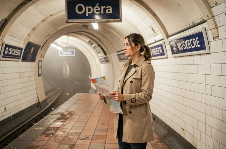 Femme consultant un plan du métro parisien sur le quai de la station Opéra, ligne 7, avec les carreaux blancs Art Nouveau en arrière-plan
