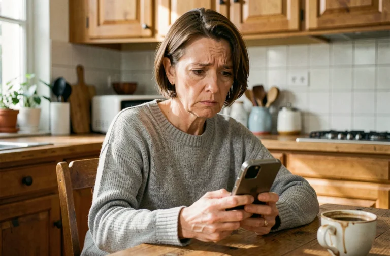 Femme d'âge moyen regardant son smartphone avec méfiance, suspectant un appel frauduleux commençant par 0031