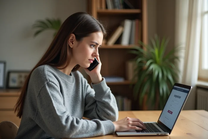 Femme contactant le service client Zalando Belgique par téléphone depuis son bureau à domicile