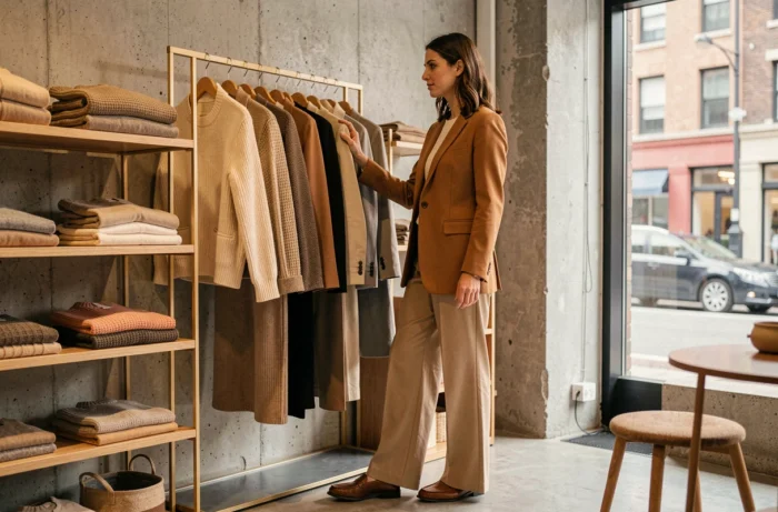 Femme élégante en blazer camel feuilletant une collection de vêtements tendance dans une boutique de mode minimaliste aux murs en béton