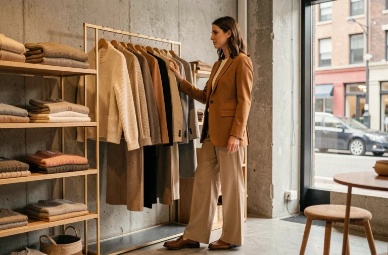 Femme élégante en blazer camel feuilletant une collection de vêtements tendance dans une boutique de mode minimaliste aux murs en béton