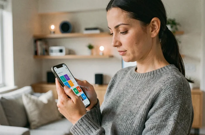 Femme utilisant la tuile Google Home sur son smartphone Android dans un salon connecté moderne