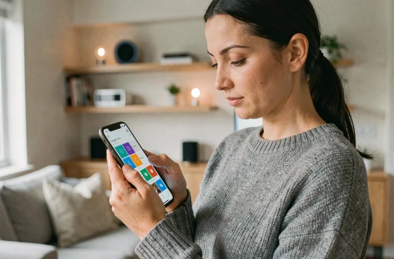 Femme utilisant la tuile Google Home sur son smartphone Android dans un salon connecté moderne