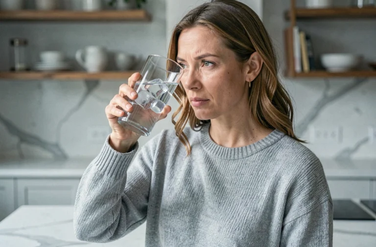 Femme observant attentivement un verre d'eau avec des glaçons dans une cuisine moderne, symbolisant l'attention portée aux signaux corporels liés à l'hydratation et la santé
