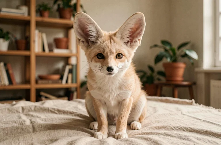 Fennec domestique aux grandes oreilles posé sur un plaid en lin dans un appartement français chaleureux