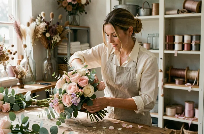 Fleuriste professionnelle composant un bouquet de mariée tendance dans un atelier artisanal