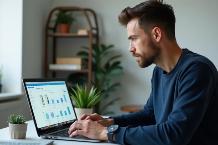 Homme en pull marine travaillant sur une formation e-commerce devant un écran d'ordinateur dans un bureau minimaliste