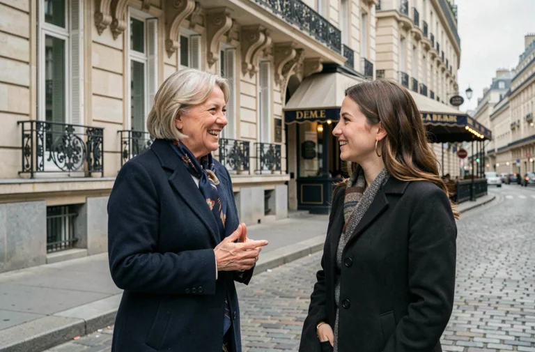 Femme parisienne en conversation dans une rue haussmannienne, illustrant l'accent et la langue française à Paris