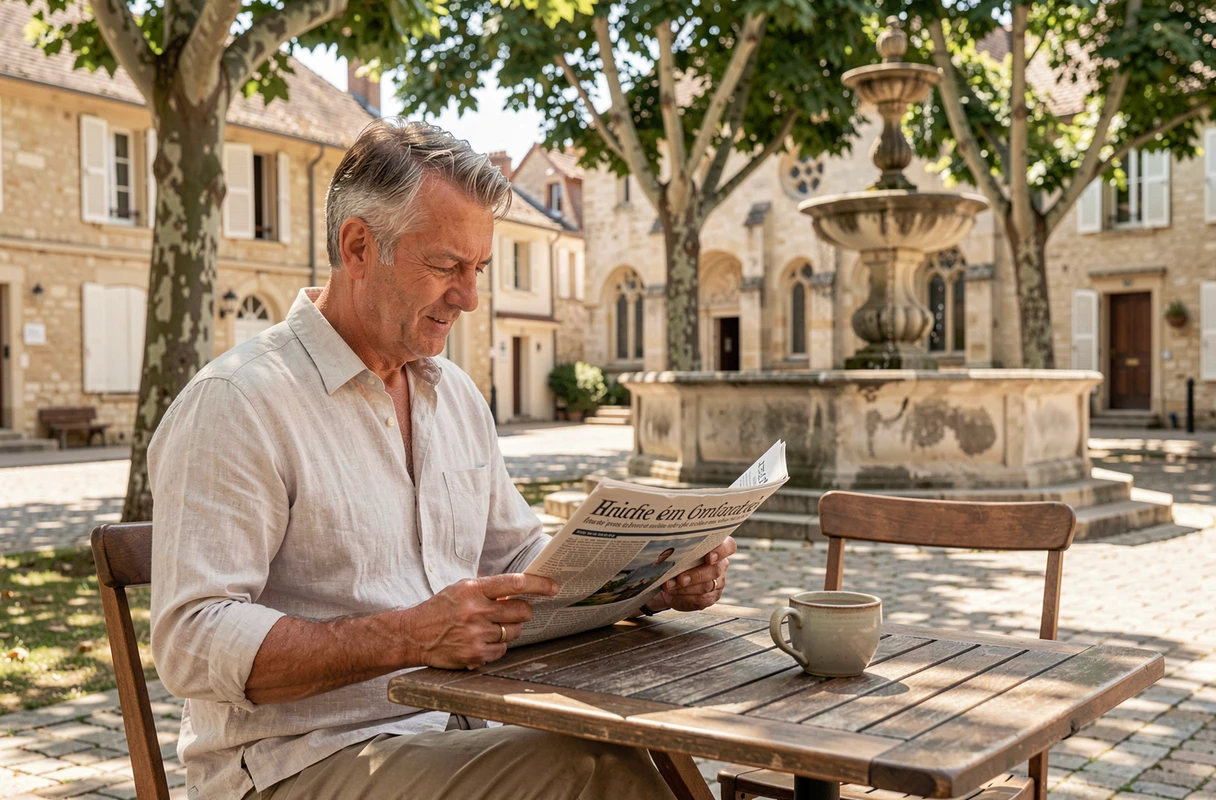 Homme lisant un journal en terrasse dans un village de la Loire, région réputée pour la pureté du français parlé