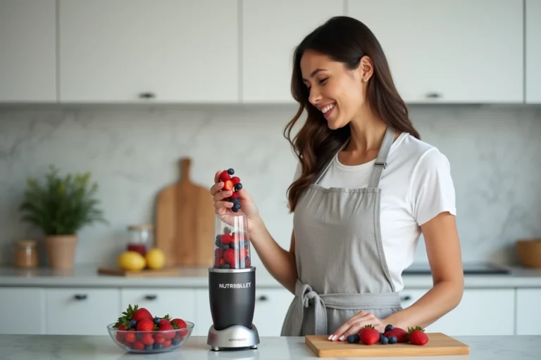 Femme versant des fruits congelés dans un blender Nutribullet sur un plan de travail en marbre