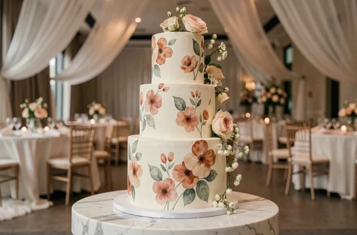 Pièce montée de mariage tendance 2024 avec motifs floraux aquarelle et fleurs fraîches