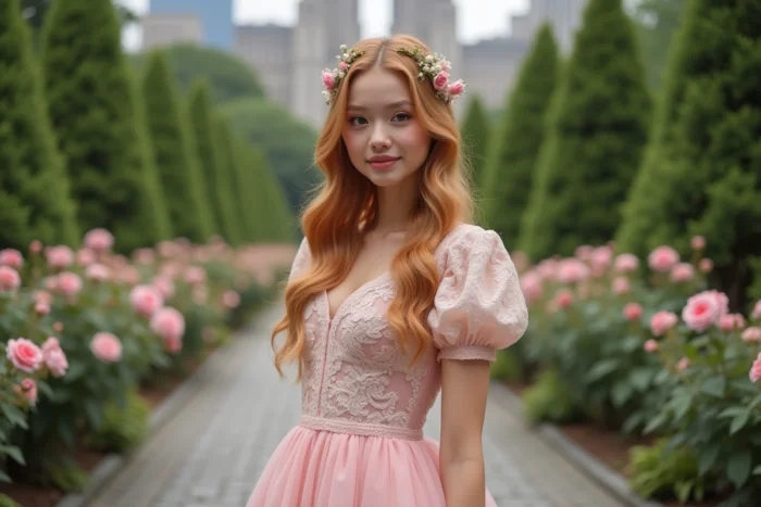 Jeune femme aux cheveux roux dorés en robe romantique rose dans un jardin fleuri en ville, évoquant Giselle dans Il était une fois