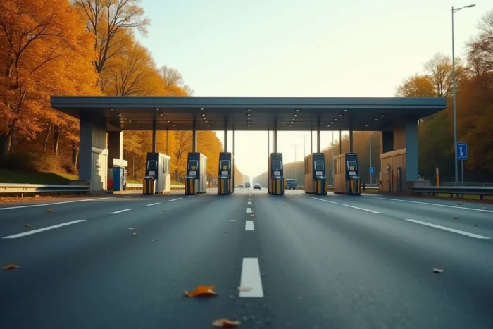 Barrière de péage autoroutier ouverte symbolisant la gratuité des autoroutes en France en 2026