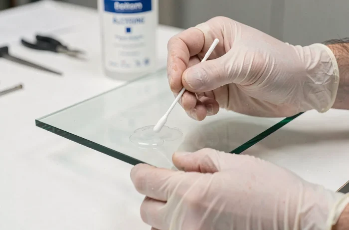 Gros plan de mains gantées appliquant de l'acétone pour dissoudre de la colle sur une surface en verre