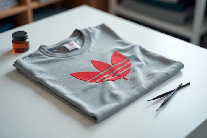 Gros plan sur un flocage rouge partiellement retiré d'un t-shirt gris avec une pince à épiler et un dissolvant sur surface blanche