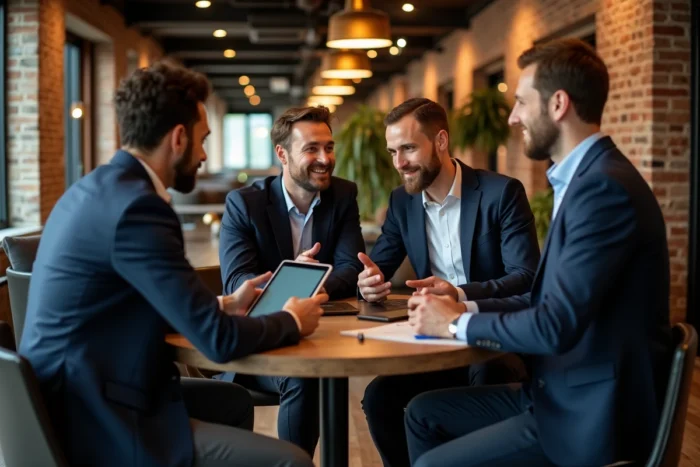 Groupe de professionnels en discussion stratégique autour d'une table lors d'une réception B2B dans un espace coworking moderne