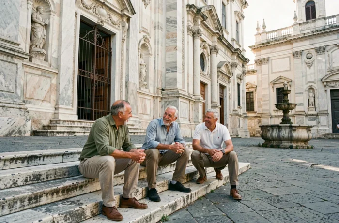 Habitants de Palerme discutant sur les marches d'une église baroque du quartier historique de la Kalsa en Sicile