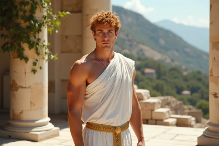 Jeune homme musclé aux cheveux roux bouclés en tunique grecque blanche devant des colonnes de marbre antiques, évoquant Hercule Disney