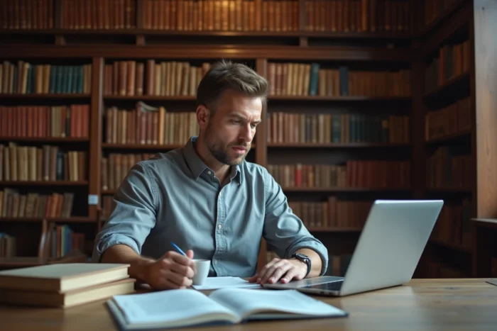 Homme consultant des ressources de droit administratif en ligne dans une bibliothèque juridique traditionnelle