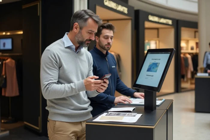 Homme utilisant un bon d'achat numérique Galeries Lafayette sur smartphone à un kiosque en magasin
