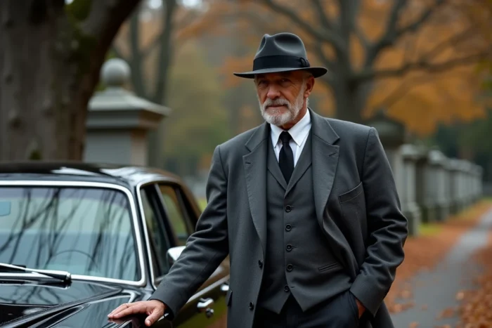 Homme âgé en costume gris et chapeau homburg dans un cimetière en automne lors d'obsèques