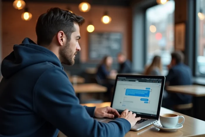 Homme utilisant le chat en ligne du service client Zalando depuis un café belge
