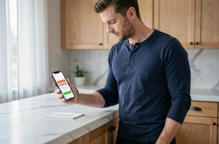 Homme utilisant un code promo sur son smartphone pour économiser sur des achats de vêtements en ligne