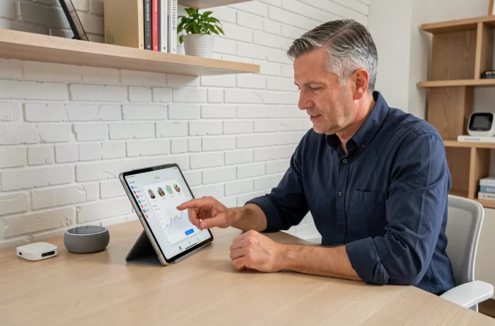 Homme contrôlant ses appareils connectés via Google Home sur une tablette dans un bureau à domicile