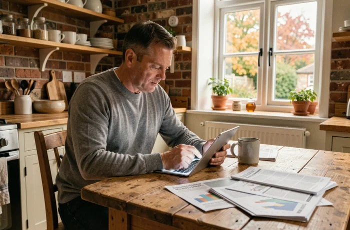 Homme consultant un tableau de bord d'investissement boursier sur tablette dans une cuisine moderne à domicile