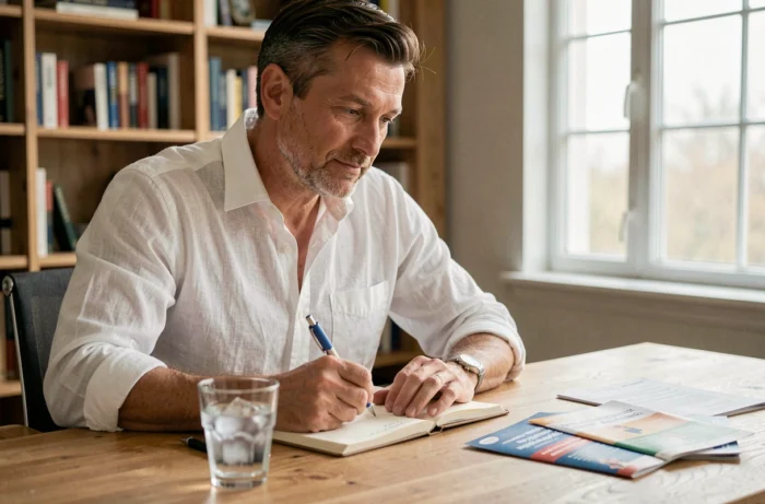 Homme prenant des notes dans un journal de santé assis à un bureau avec un verre d'eau glacée, illustrant le suivi quotidien des signaux corporels pour la santé