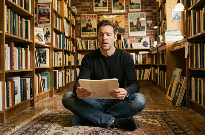 Homme lisant un recueil de poésie contemporaine assis dans une librairie indépendante aux étagères chargées de livres