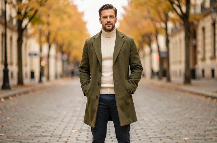 Homme en manteau vert olive tendance posant dans une rue pavée européenne aux couleurs automnales