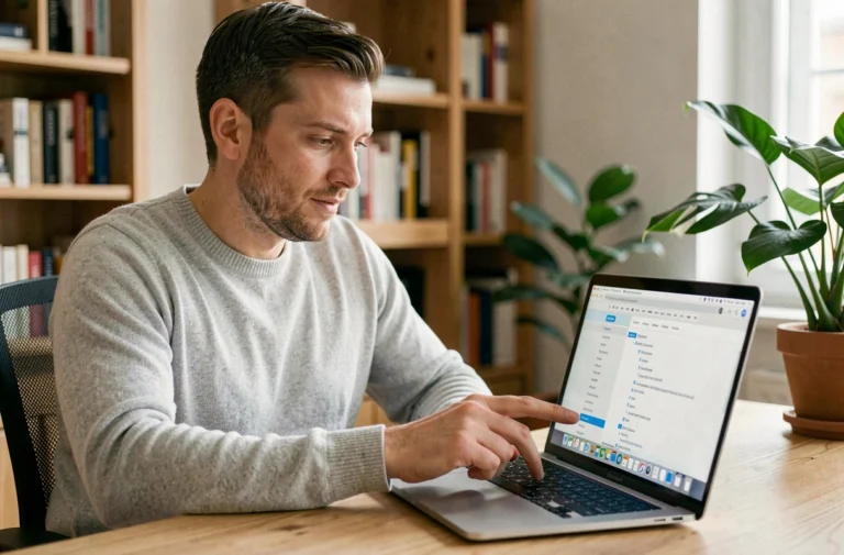 Homme naviguant sur un plan de site depuis un ordinateur portable dans un bureau à domicile