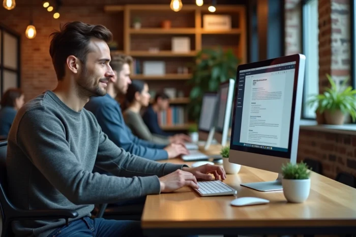 Homme optimisant son CV numérique dans un espace de coworking moderne lors d'une recherche d'emploi