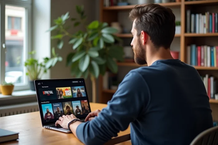 Homme en télétravail explorant un service de streaming vidéo gratuit sur son ordinateur portable à domicile