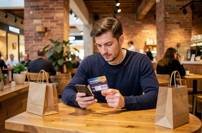 Homme consultant son pass cadeaux et son téléphone lors d'une pause shopping en café