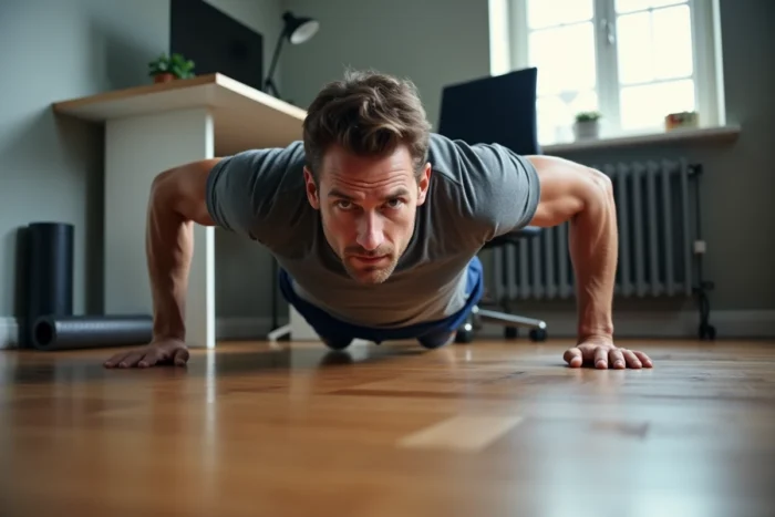 Homme faisant des pompes sur le parquet d'un bureau à domicile aménagé pour le sport