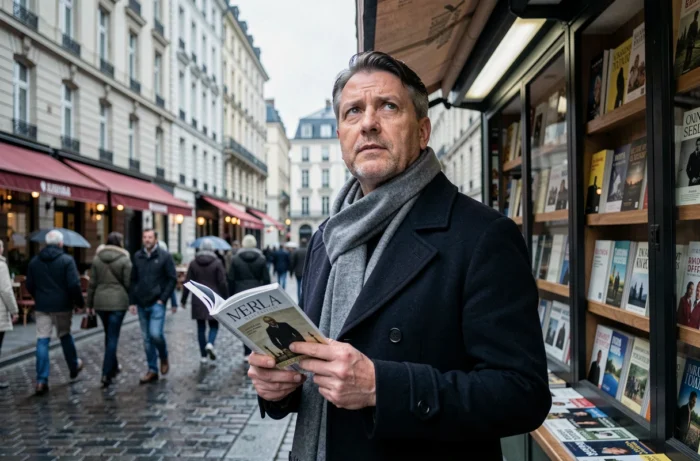 Homme lisant une revue littéraire à un kiosque de presse dans une place urbaine européenne sous ciel nuageux