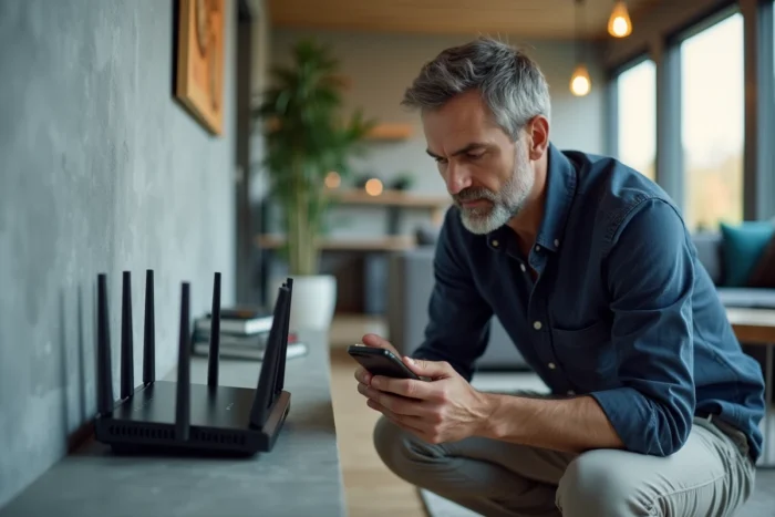 Homme vérifiant les performances de son routeur fibre optique à domicile avec un test de débit sur smartphone