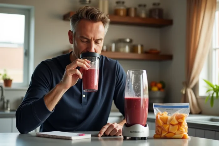 Homme dégustant un smoothie aux fruits congelés préparé avec un Nutribullet dans une cuisine moderne