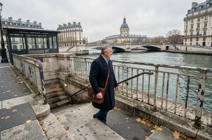 Homme remontant les marches de la sortie de la station Pont Neuf de la ligne 7, avec le Pont Neuf et la Seine visibles en arrière-plan en automne