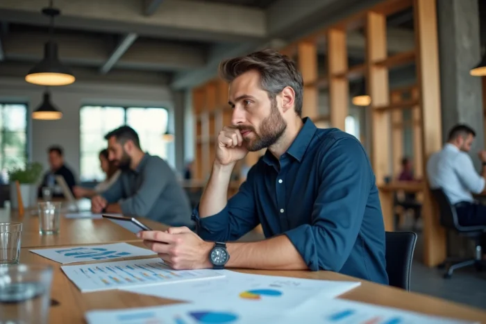 Homme analysant une stratégie de revenus en ligne dans un espace de coworking moderne avec des graphiques et une tablette