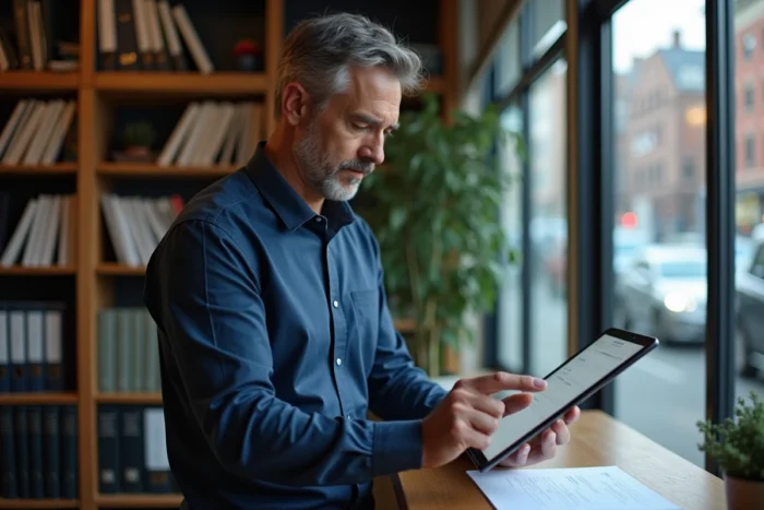 Homme utilisant une tablette pour accéder à une application de gestion de documents depuis son bureau à domicile
