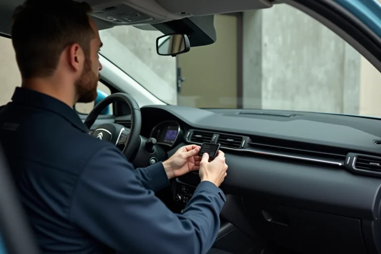 Homme installant un GPS dans le tableau de bord d'une Citroën C3 Aircross 2025 dans un garage