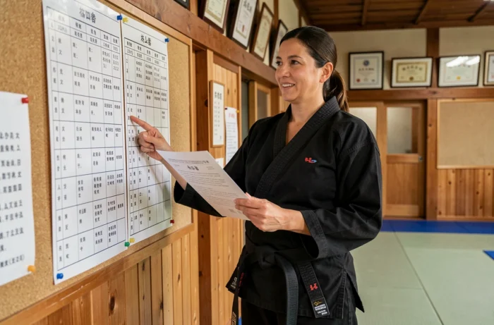 Instructrice de judo en judogi noir consultant des dossiers de grades d'élèves dans un dojo officiel