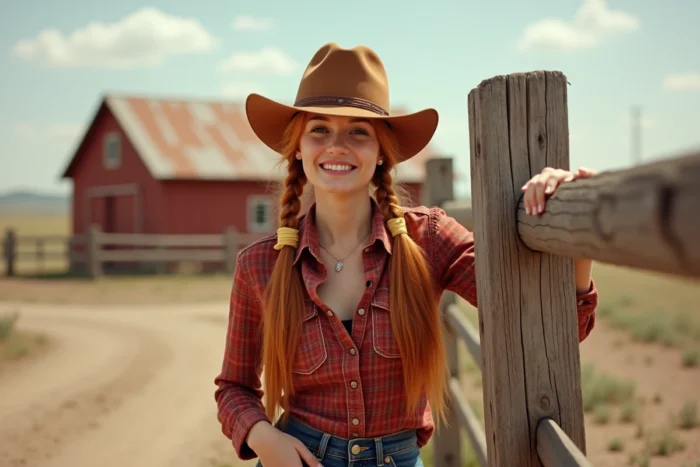 Jeune femme rousse en tenue de cowgirl avec chapeau et bottes en cuir devant une clôture en bois dans un ranch poussiéreux, évoquant Jessie de Toy Story