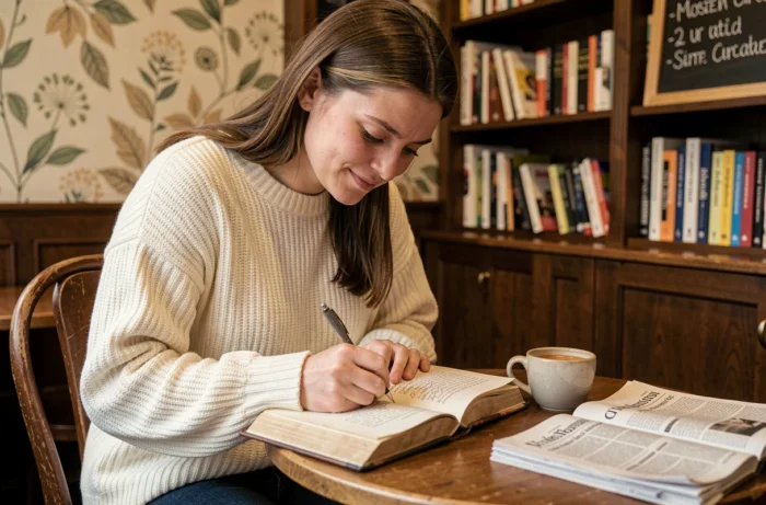 Jeune femme annotant un livre de poésie dans un café-librairie indépendant avec journal et espresso