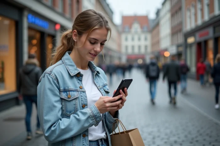 Jeune femme consultant l'application Zalando pour contacter le service client dans une rue de Bruxelles