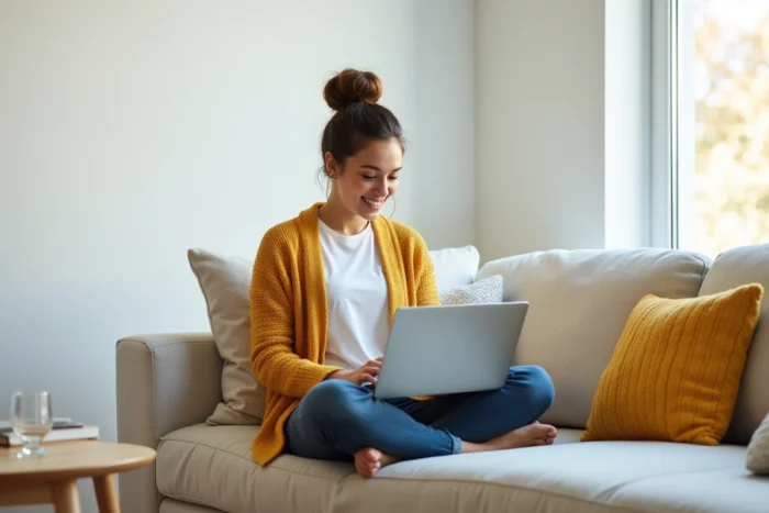 Jeune femme consultant un tableau de bord e-commerce sur son ordinateur portable depuis son salon pour booster ses revenus en ligne